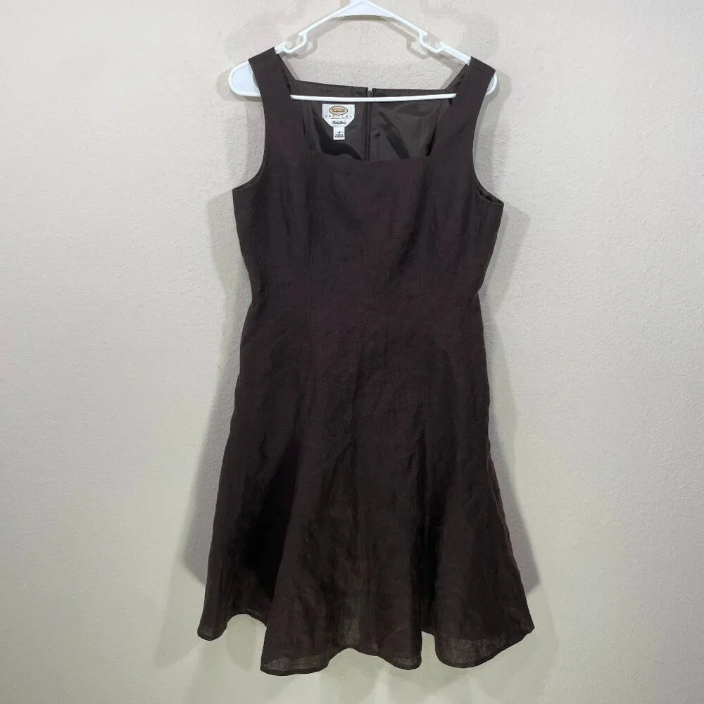 Talbots Irish Linen Dress Size 10 Brown Sleeveless Fully Lined Fit Flare Vintage